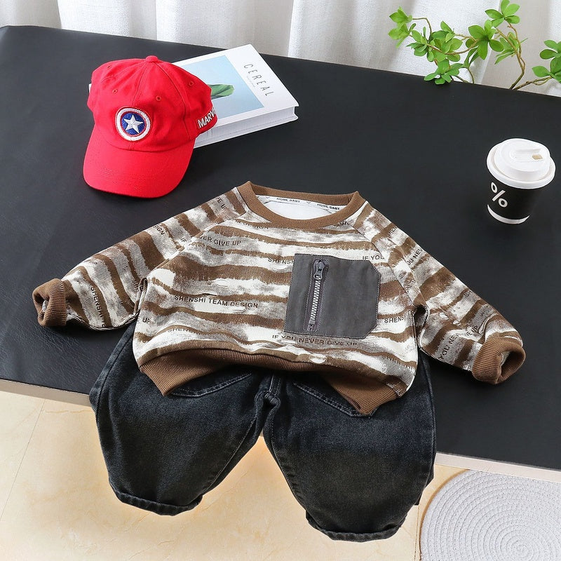 Boys' Outfit 2026 New Children's Spring and Autumn Tie-Dye Striped Sweatshirt Two-Piece Set Baby Korean Style Trendy Clothes