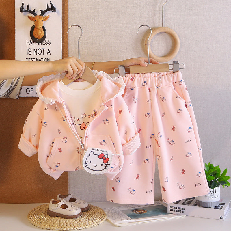 Girls' Spring and Outfit 2026 New Fashionable Girl Three-Piece Set with Kitten Crossbody Bag Trendy Autumn Clothing for Baby Girls