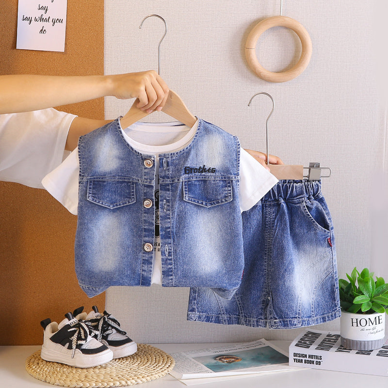 Boys' Summer Outfit 2026 New Fashionable Embroidered Letter Baby Clothes Short Sleeve Shorts Three-Piece Set Trendy