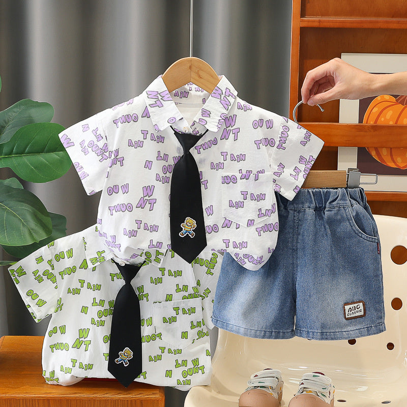 Boys' Outfit 2026 New Baby Summer Short Sleeve Three-Piece Set Children's Tie Bear Shirt 1-2-3 Years Old 5