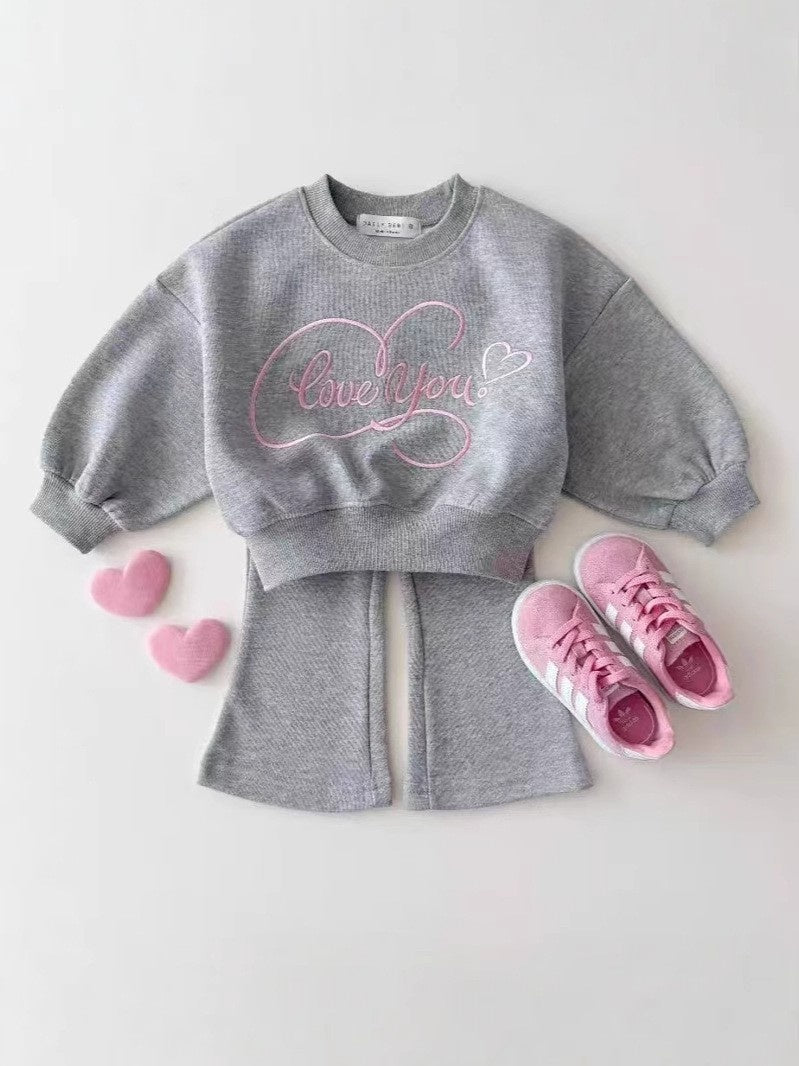New Spring Autumn Korean Style Casual Heart Embroidery Bow Colorful Girls' Sweatshirt and Sweatpants Solid Color Two-Piece Set