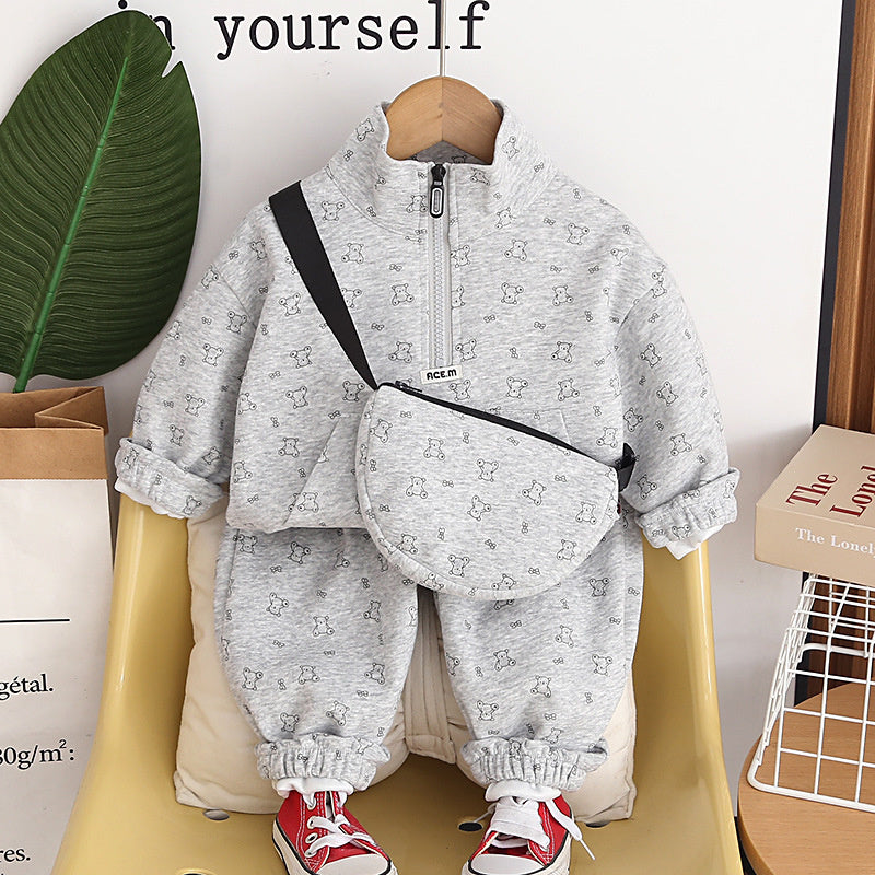 Korean-style boys' outfit casual baby spring bear bag sweatshirt two-piece set, infant and toddler clothing