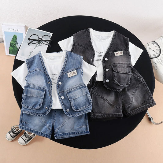Summer Suit 2026 New Children's Baby Denim Vest Short Sleeve Three-piece Set Korean Style Boys Casual Wear