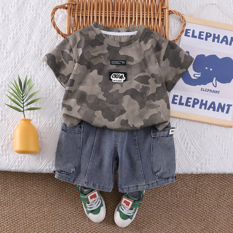 Outfit 2026 New Style Toddler Baby Summer Clothes Boys' Children's Camouflage Short Sleeve Two-Piece Set Trendy