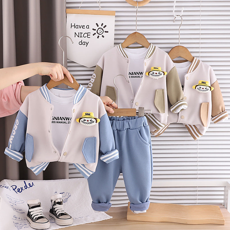 Boys' Spring Outfit 2026 New Trendy Stylish Baby Spring-Autumn Fashionable Three-Piece Set with 3D Dolls for Infants and Toddlers