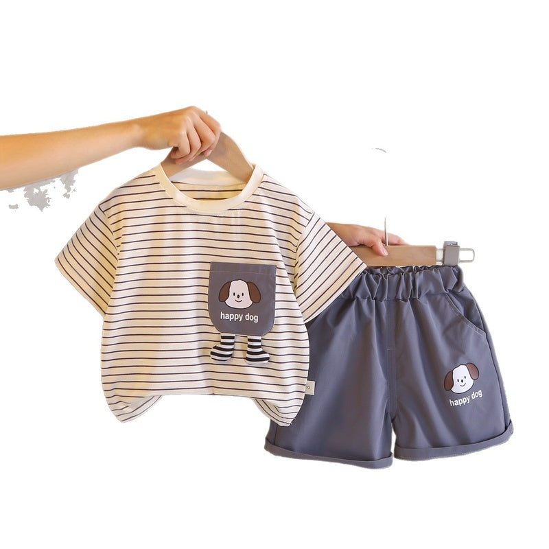 Boys' Outfit 2026 New Fashionable Striped Puppy Two-Piece Set Baby Summer Short Sleeve Shorts Infant Toddler