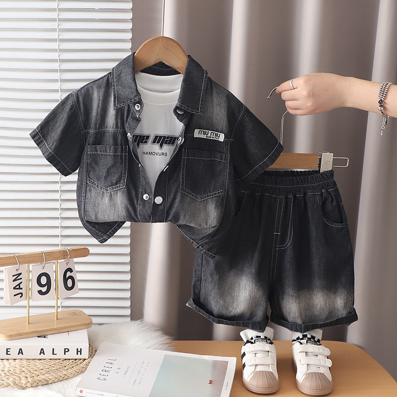 Boys' outfit baby summer 2026 denim short-sleeve three-piece set, new stylish letter-printed children's clothing