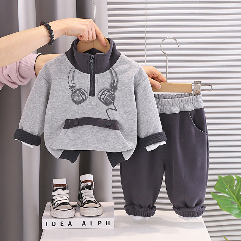 Boys' and Autumn Casual Outfit 2026 Fashionable Baby Headphone Half-Zip Sweatshirt New Two-Piece Set Spring