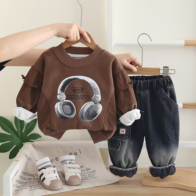 Boys' Autumn Baby Fleece Sweatshirt Two-Piece Set Children's Winter Infant Toddler Clothing Manufacturer One-Piece Dropshipping