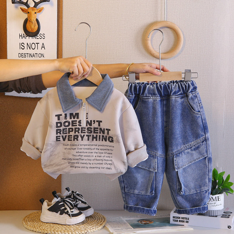 Boys' Outfit 2026 New Style Infant Children's Spring and Autumn Baby Loose Half-Zip Sweatshirt Two-Piece Set