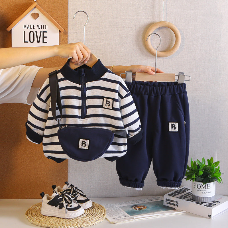 Boys' Outfit 2026 New Fashionable Children's Spring and Autumn Long-Sleeve Striped Two-Piece Set with Sling Bag for Stylish Little Boys