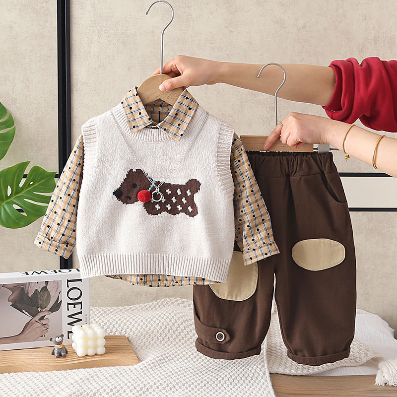 Boys' Outfit 2026 New Fashionable Children's Spring and Autumn Cartoon Puppy Sweater Vest Baby Three-Piece Set