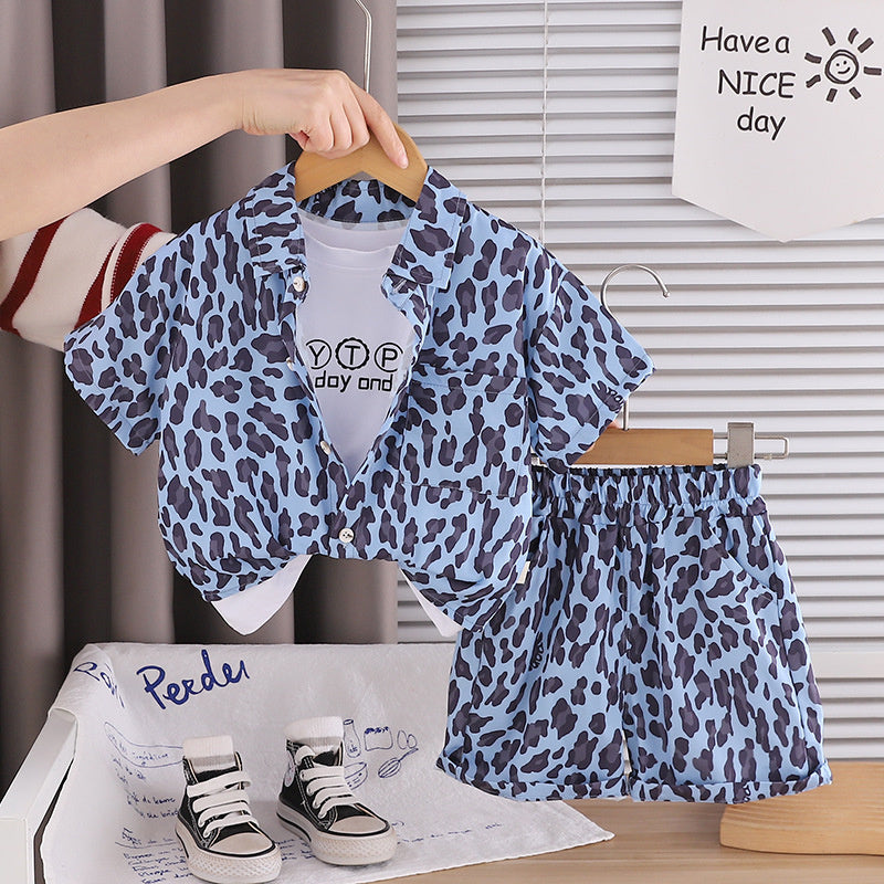 Boys' Short-Sleeve 2026 New Stylish Baby Summer Clothes Fashionable Leopard Print Three-Piece Set for Toddlers