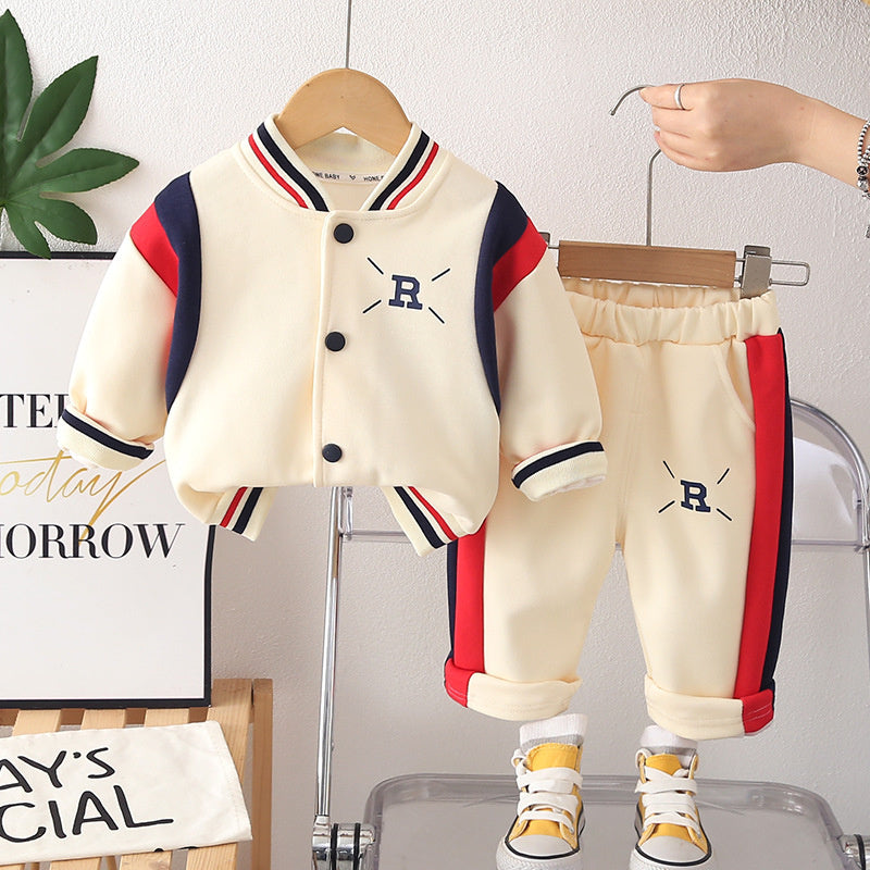 Autumn Outfits for Boys and Girls, Stylish Girls' Spring Color-Block Letter Jacket Two-Piece Set, Trendy Baby Clothes