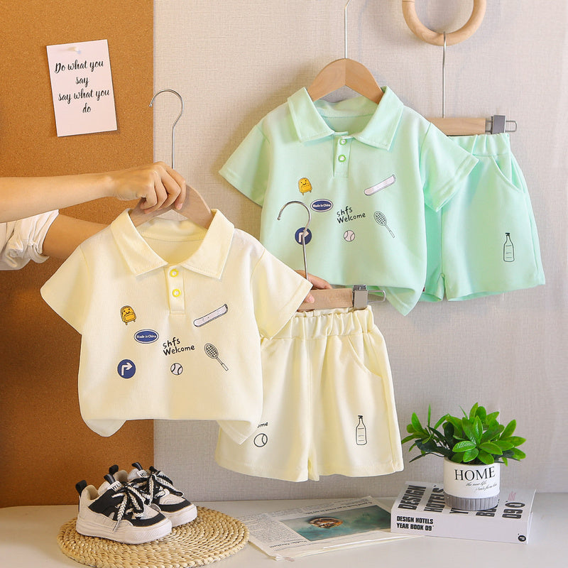 Children's clothing boys' outfit 2026 new style kids' summer cartoon sports short-sleeve two-piece set baby casual wear