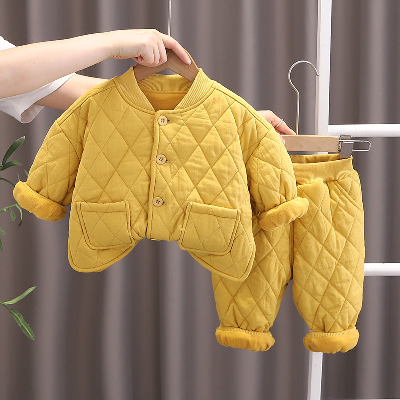2025 Boys' Baby Casual Simple Winter Fleece Thickened Infant Versatile Pocket Button Cotton Jacket Two-Piece Set