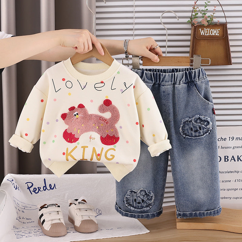 Girls' Outfit Set, Stylish 2026 New Model, Baby Girl Spring and Autumn Colorful Dot Embroidered Sweatshirt Two-Piece Set
