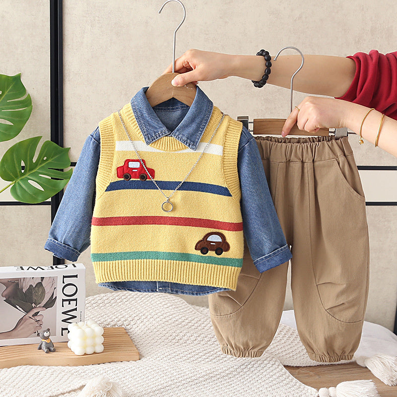 Boys' outfit set, stylish baby boy spring and autumn fashion infant clothing, striped car sweater three-piece set