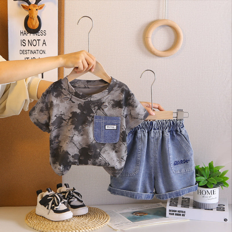 Boys' Outfit 2026 New Style Infant Toddler Clothing Baby Boy Summer Camouflage Pocket Short Sleeve Two-Piece Set Trendy