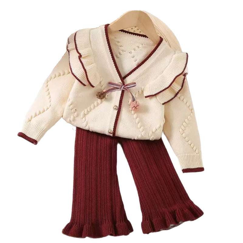 Girls' Sweater Autumn Winter New Baby Girl Ruffled Knitted Cardigan + Stylish Flared Pants Korean Style