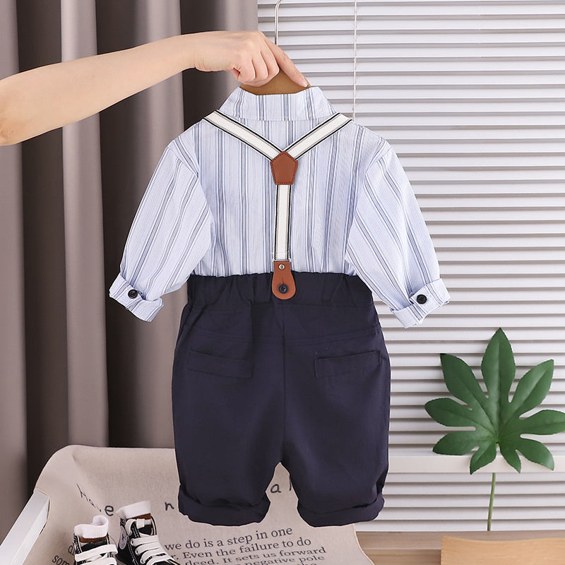 Children's Long-Sleeve Vertical Stripe Shirt Overalls Set 2026 New Style Boys' Spring and Autumn Casual Two-Piece Outfit