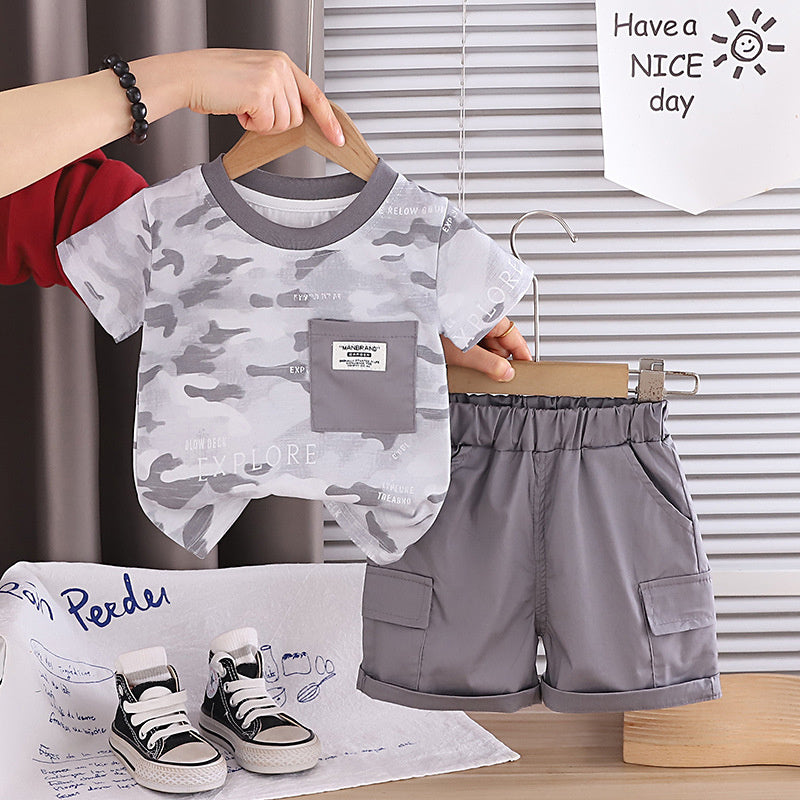 Boys' Short-Sleeve 2026 New Summer Outfit Baby Stylish Korean Version Children's Round Neck Pocket Two-Piece Set Trendy