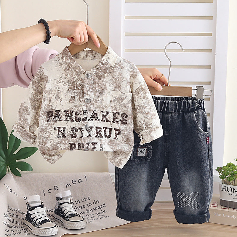 Boys' Outfit 2026 New Fashionable Children's Spring and Autumn Embroidered Letter Long Sleeve Two-Piece Set Trendy