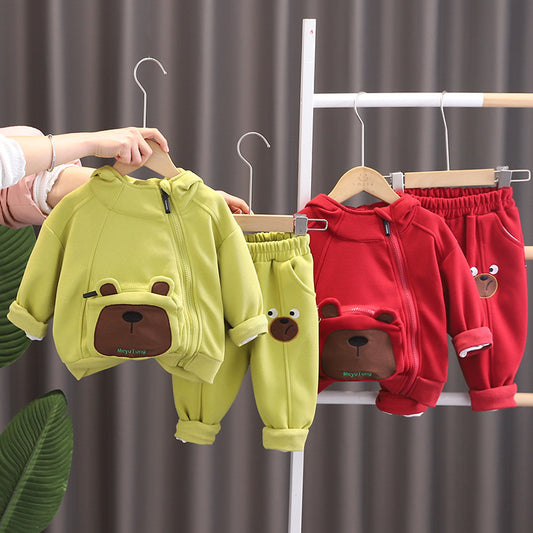 Boys' Spring Outfit with 3D Pocket Bear Zipper 2024 New Fashionable Children's Casual Two-Piece Set