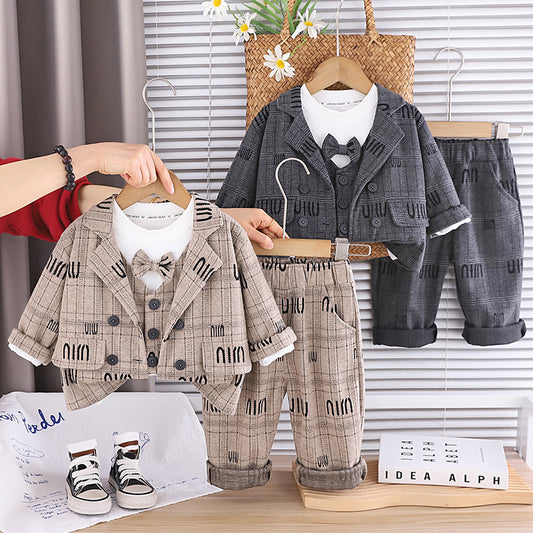 Boys' Outfit 2026 New Fashionable Babies, Spring Autumn Letter Pattern Plaid Suit Three-Piece Set for Infants and Toddlers