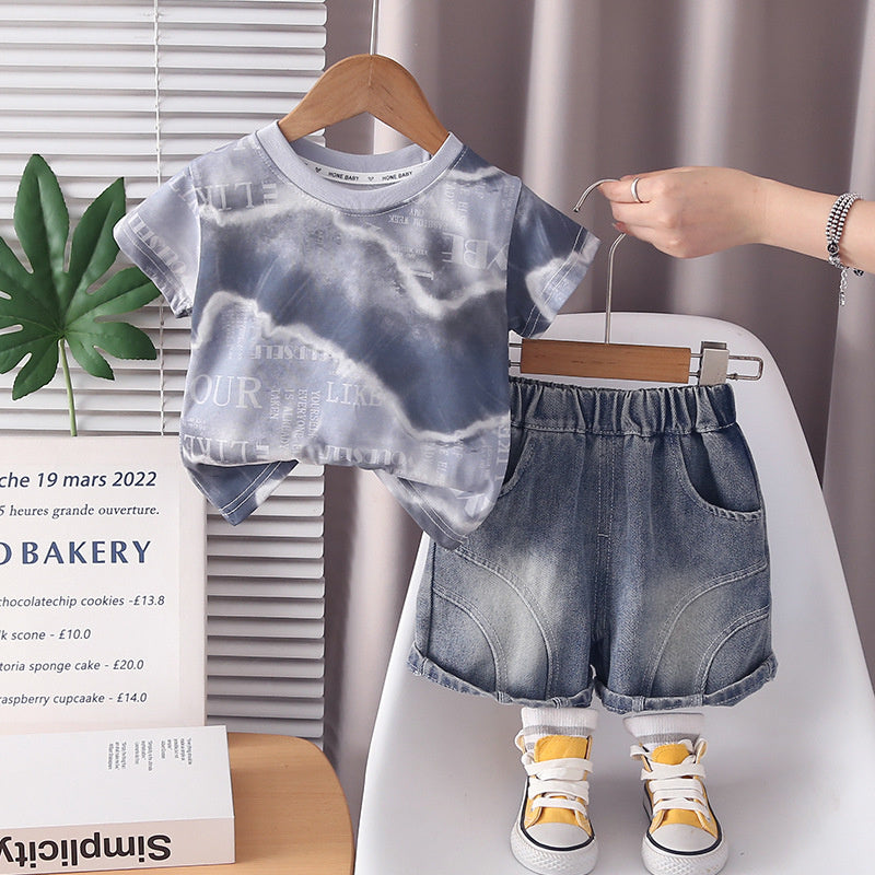 Boys' outfit, Korean style clothing for ages 1-5, casual and stylish summer wear, color-blocked short-sleeve two-piece set, T-shirt
