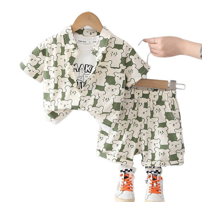 Boys' Summer Outfit 2026 New Fashionable Korean Style Thin Little Bear Shirt Short Sleeve Three-Piece Set