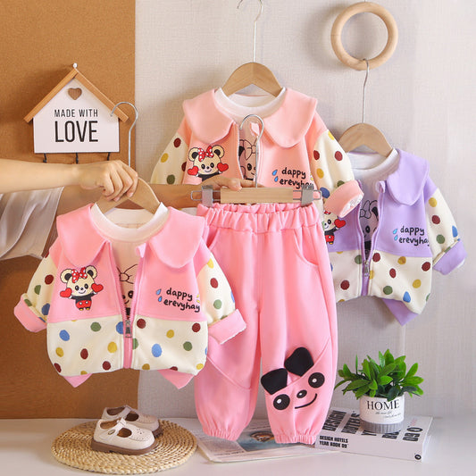 Girls' Stylish Colorful Polka Dot Outfit 2026 Spring/Autumn Collection, Turn-down Collar Cartoon Three-piece Set, Fashionable Baby Girl Clothes