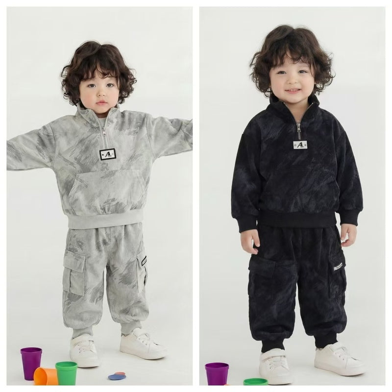 Boys' children's clothing 2026 outfit stylish baby spring and autumn vertical collar letter logo two-piece set infant clothes