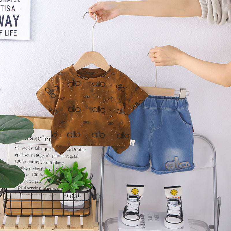 Boys' Summer Outfit 2026 New Stylish and Cool Baby Children's Round Neck Short Sleeve Two-Piece Set Thin Trendy Clothes