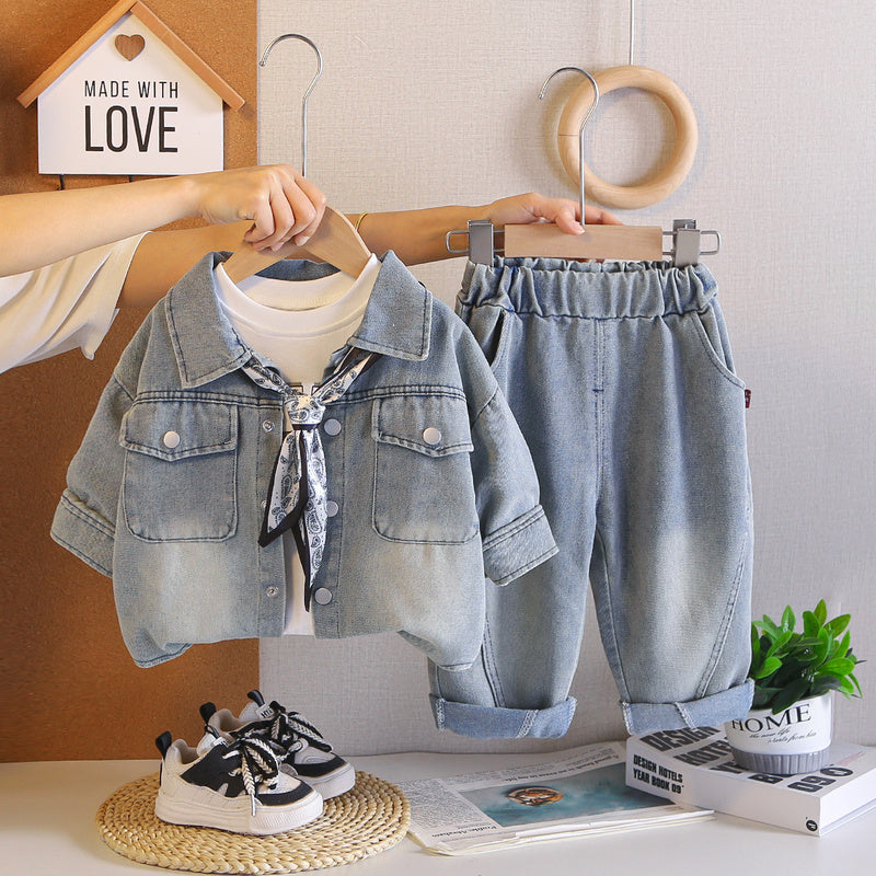 Boys' 2026 Autumn Fashionable Outfits, Trendy Children's Clothing, Baby Long-Sleeve 1-Year-Old Boy Denim Three-Piece Set