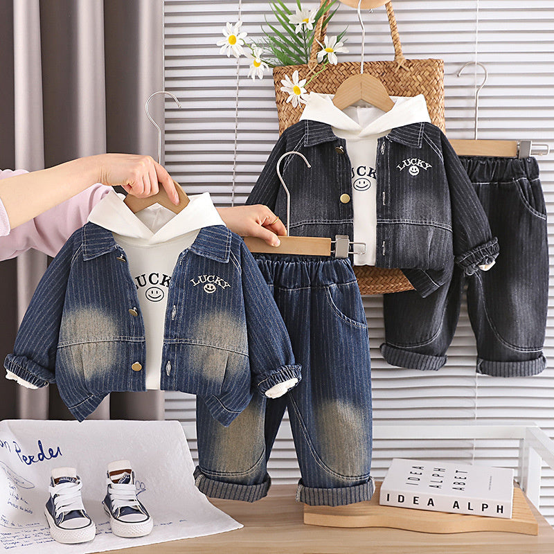 Boys' Outfit 2026 New Baby Clothes Infant Children's Spring and Autumn Smiley Face Hoodie Denim Three-Piece Set