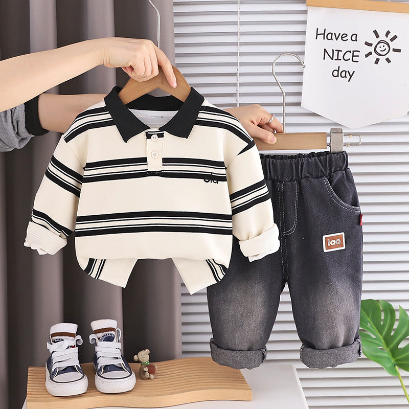 Boy's Trendy Stylish Striped Polo Suit 2026 New Model for 1-Year-Old Babies 3-Year-Olds, Boys' Spring and Autumn Clothing