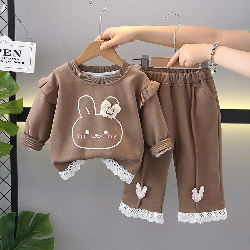 Girls' Lace Trim Bunny New Korean Style Fashionable Baby Casual Spring Autumn Sweatshirt for Outerwear