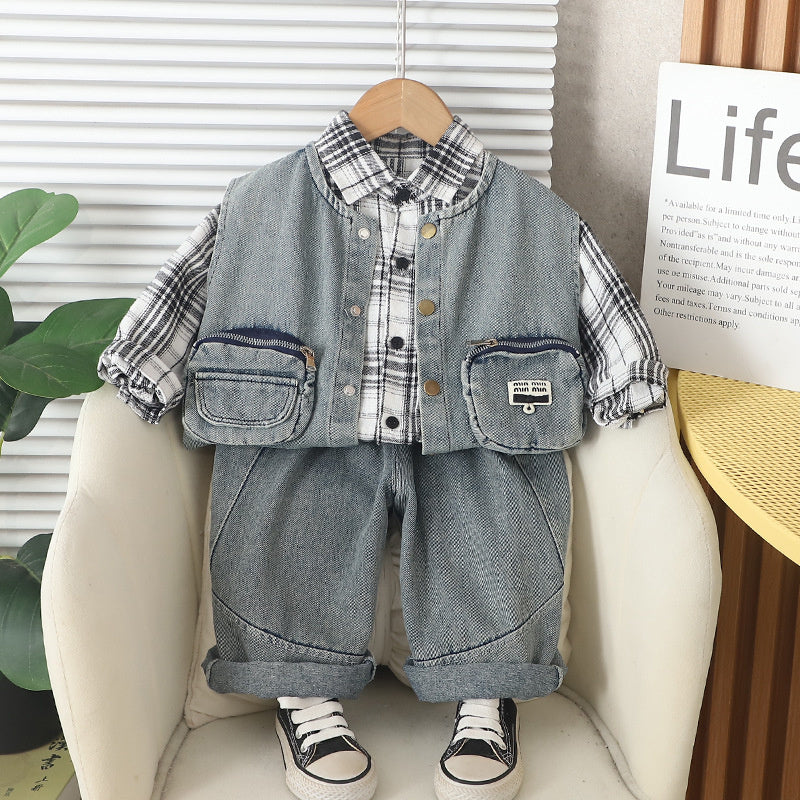 Boys' Outfit 2026 New Style Set: Stylish Plaid Double-Pocket Vest Three-Piece Set Spring and Autumn, Trendy for 1-Year-Olds