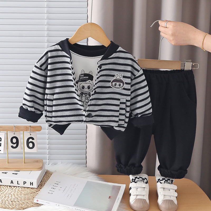 26 New Boys' Fashion Toddler Spring and Autumn Outfit Stylish Striped Jacket Casual Long Pants Three-Piece Set Wholesale Trend