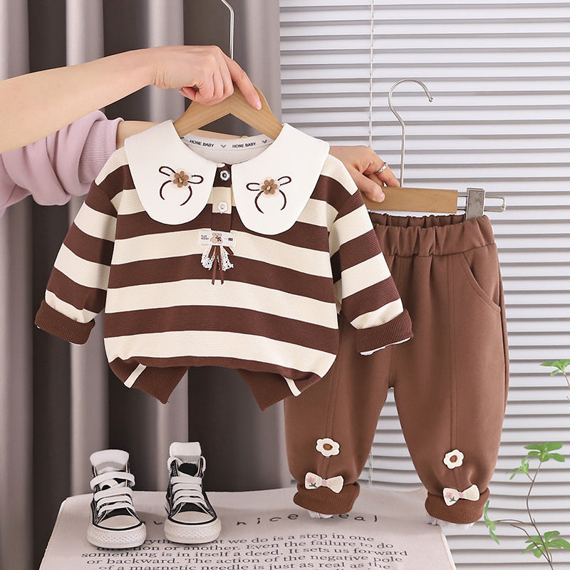 Girls' Sweatshirt 2026 New Baby Children's Clothing Spring and Autumn Outfit Striped Bow Two-Piece Set Trendy