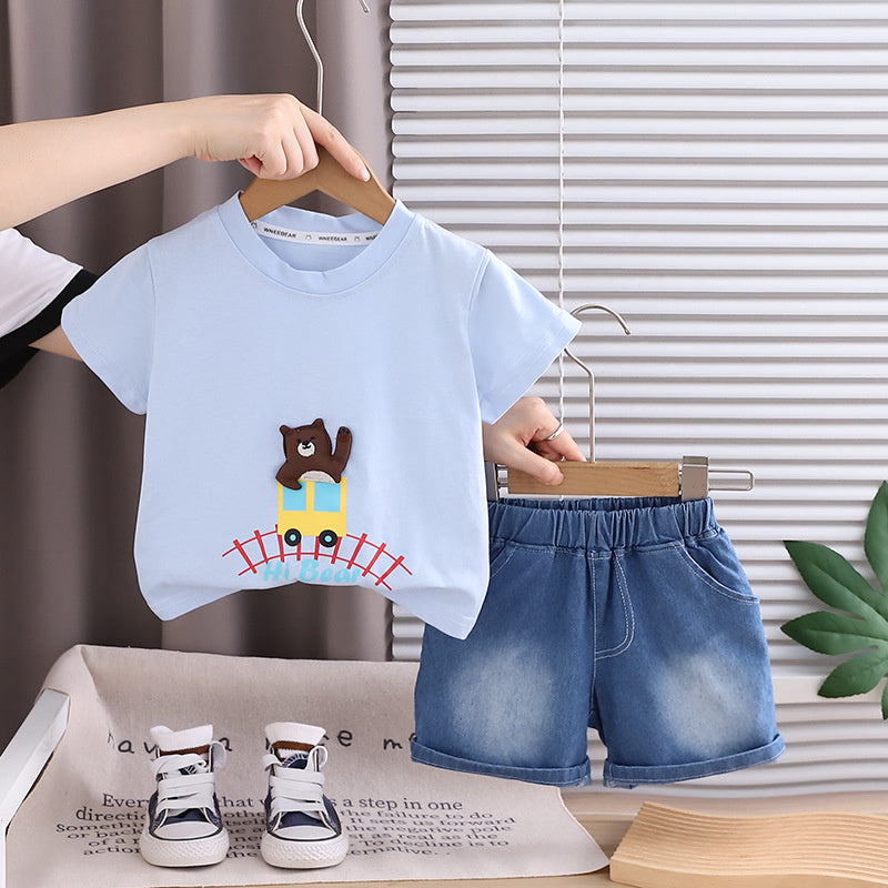 Baby Boy Train Bear Two-Piece Set 2026 New Summer Infant Short Sleeve Outfit 1-3 Years Old