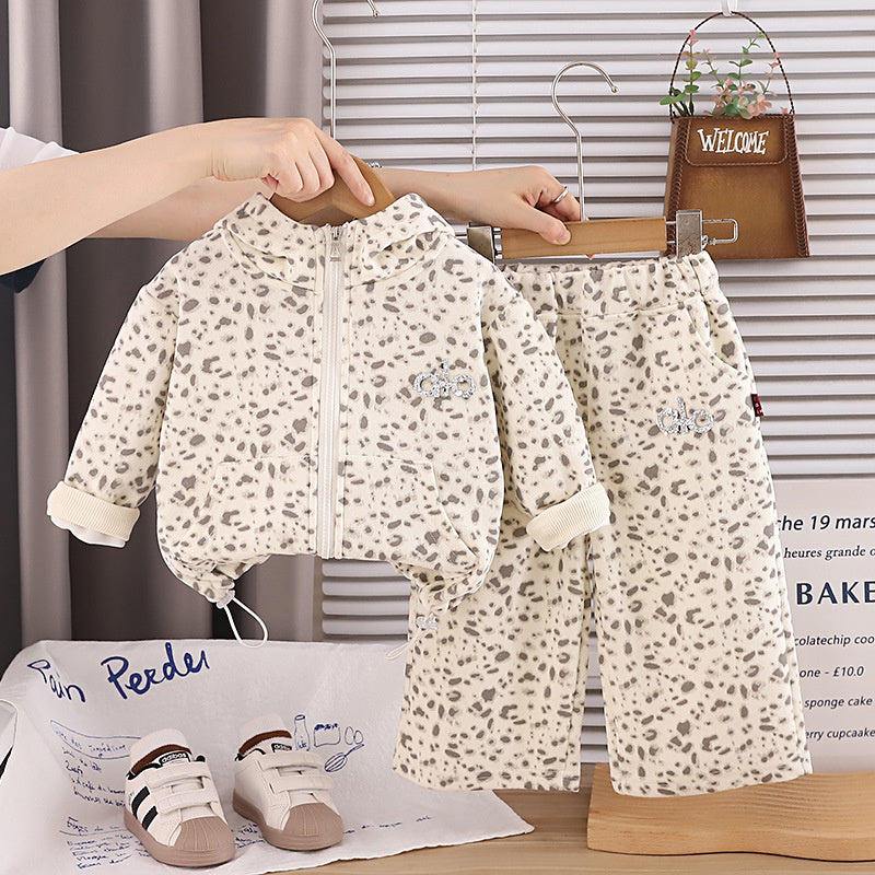 Children's Spring and Autumn Outfit for Girls, Stylish Hooded Leopard Print Jacket Set, Toddler Casual Sports Two-Piece Clothing Trendy