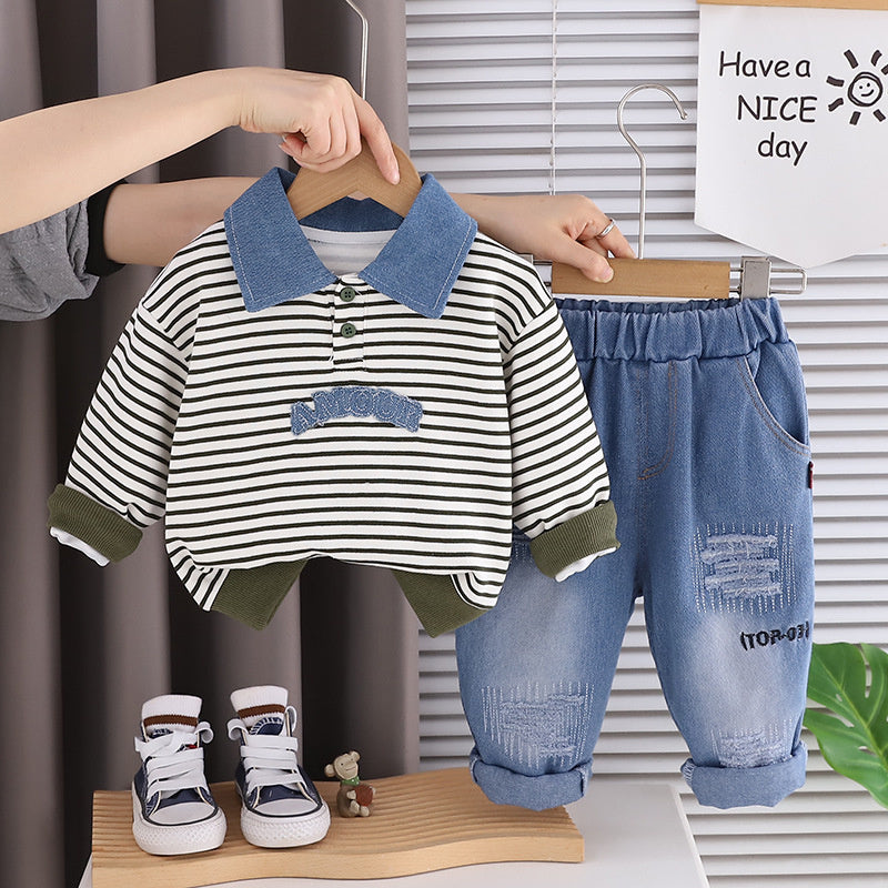 Boys' Outfit Set 2026 New Style Infant Children's Spring and Autumn Striped Denim Polo Sweatshirt Two-Piece Baby Boy Clothes