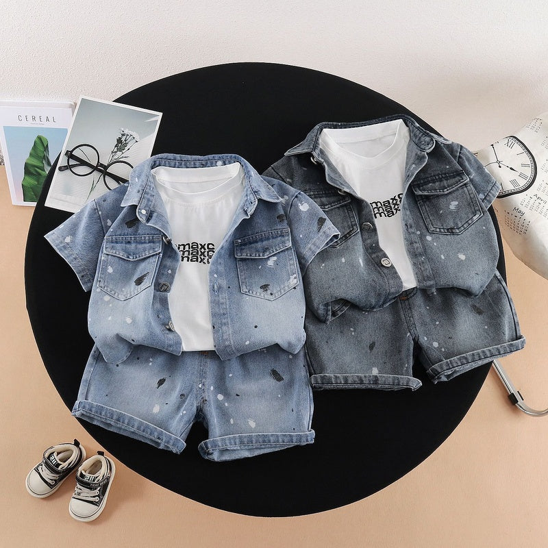 Baby Outfit 2026 New Stylish Boys Summer Denim Tie-Dye Short Sleeve Shorts Three-Piece Set