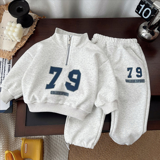Boys' Outfit 2025 New Stylish Long Sleeve Stand Collar Half-Zip Set Baby Spring Sweatshirt Infant Children's Sportswear