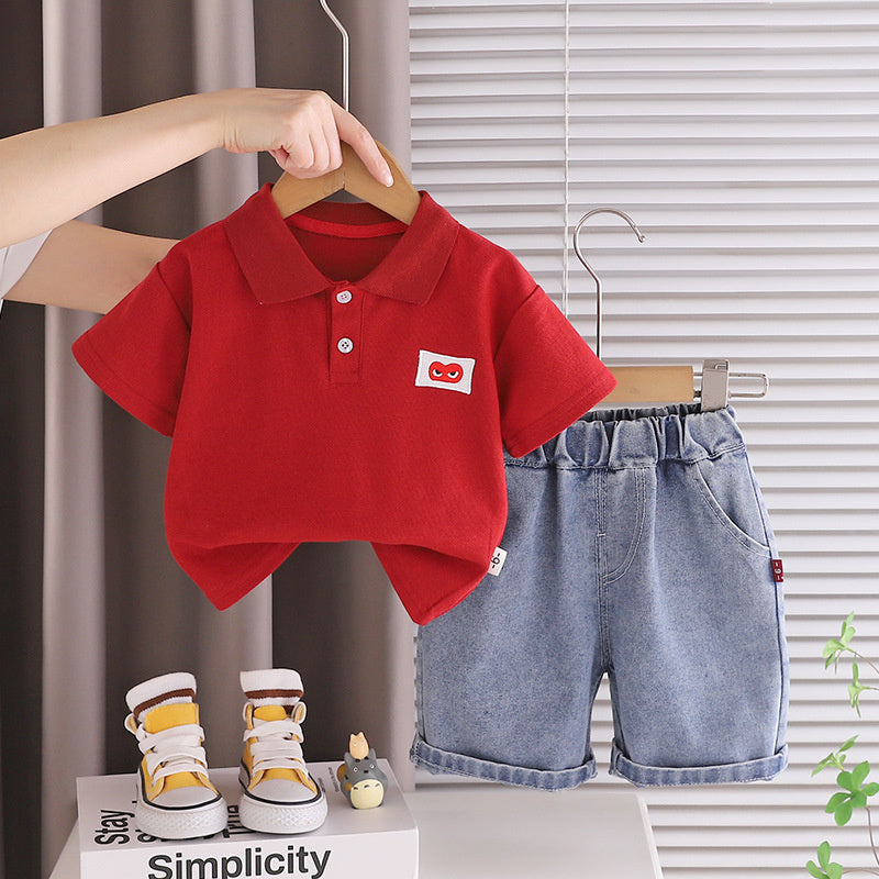 Boys' Outfit Set with Heart-Shaped Button Placket, Short Sleeve, 2026 New Model Children's Clothing for 3-Year-Old Boys, Summer Toddler Fashion