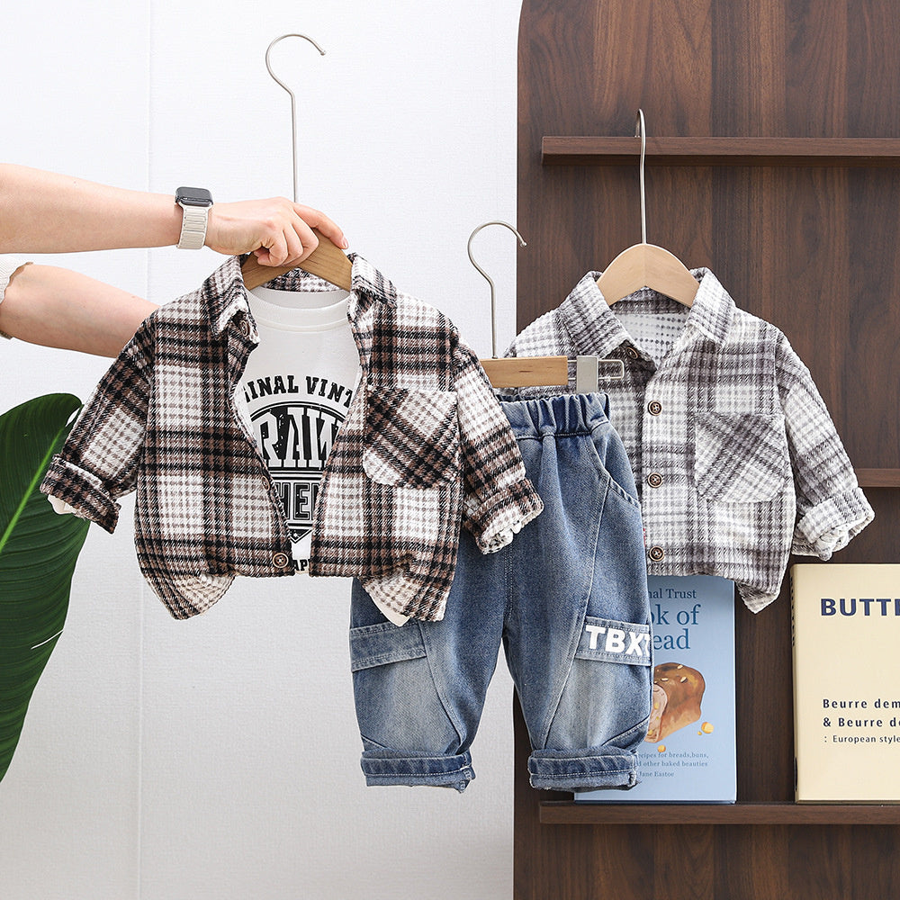 Boys' Spring Plaid Shirt Three-Piece Set for 1-2-3-5 Year Olds, Korean Style Fashionable Baby Clothing