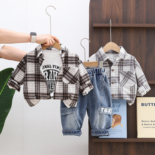 Boys' Spring Plaid Shirt Three-Piece Set for 1-2-3-5 Year Olds, Korean Style Fashionable Baby Clothing