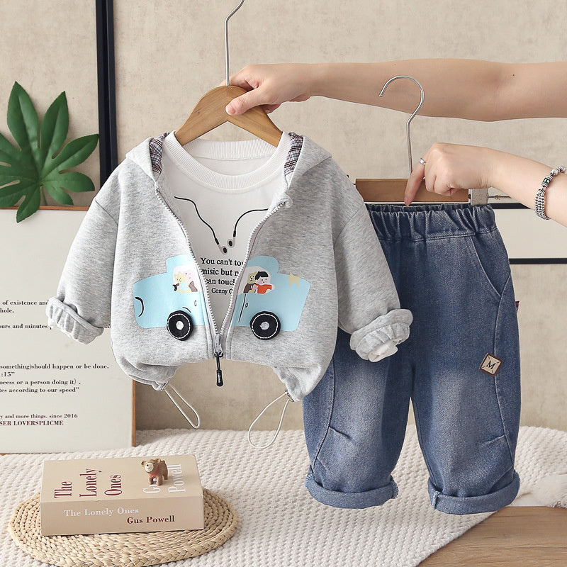 Boys' Outfit 2026 New Style Infant Children's Spring and Autumn Fashionable Baby Car Zipper Jacket Three-Piece Set